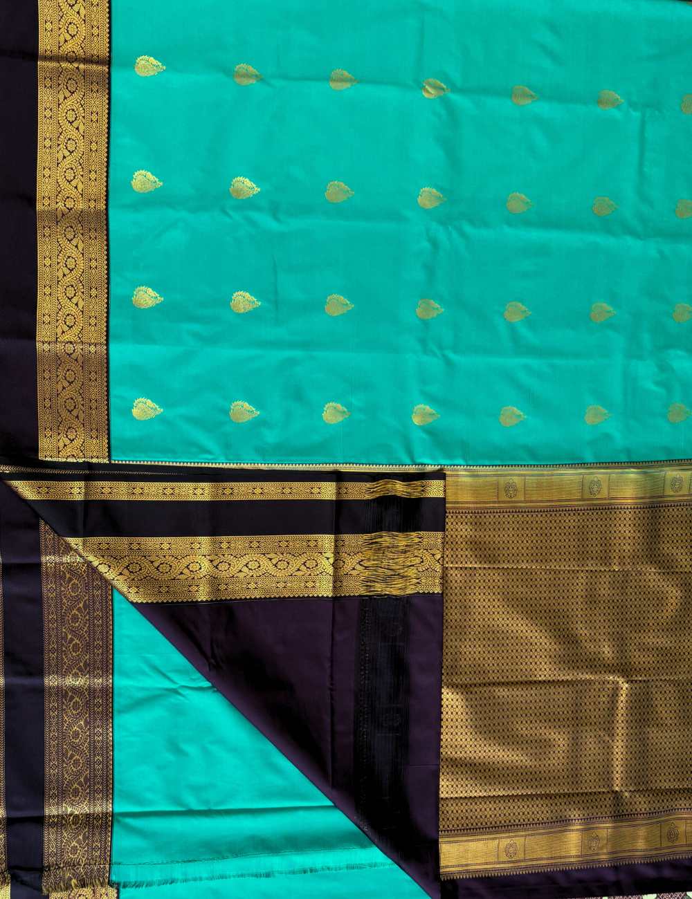 Rama Green Dark Purple Semi Silk Saree with Rich Golden Zari Border