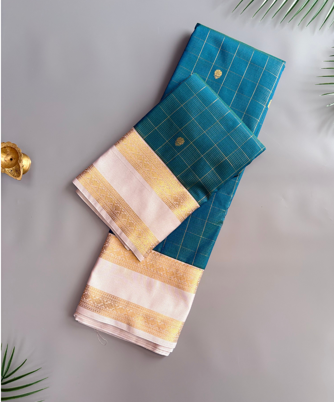 Teal Blue Soft Semi Silk Kanjivaram Saree with off white Border