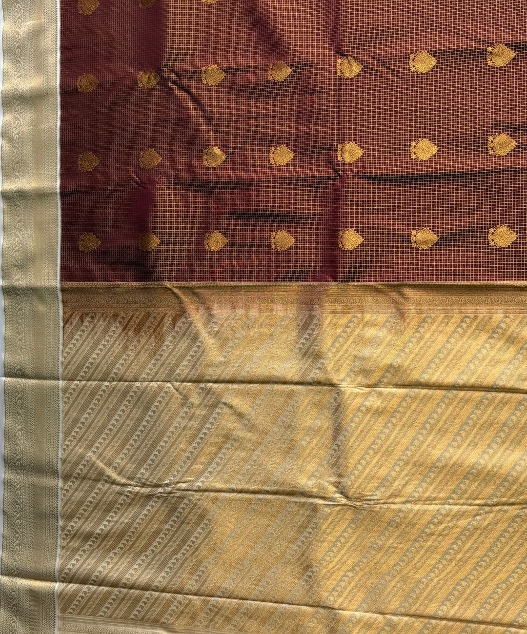 Brown Kanjivaram Semi Silk Saree with Ivory Gold Zari Border | Traditional Wedding Silk Saree