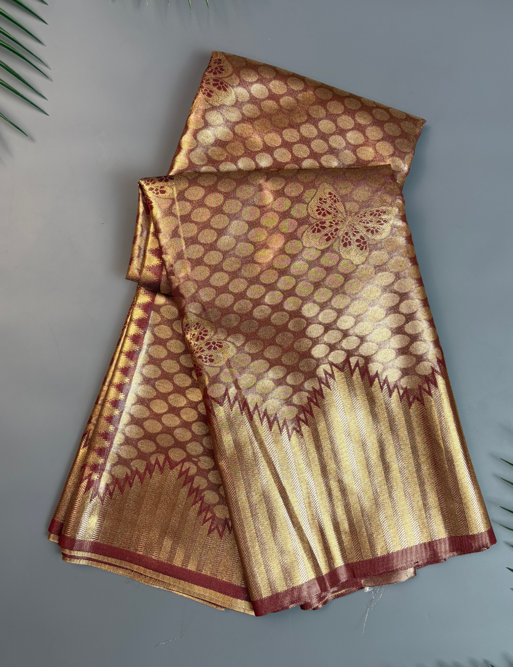 Cocoa Brown Tissue Semi Silk Saree with Heavy Zari Pallu & Polka Weave