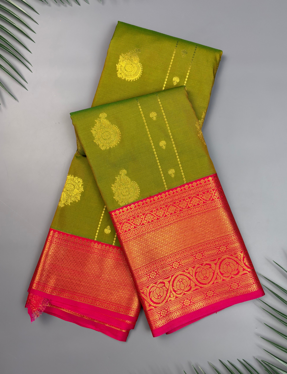 Dual Green Kanjivaram Semi Silk Saree with Grand Contrast Hot Pink Zari Border