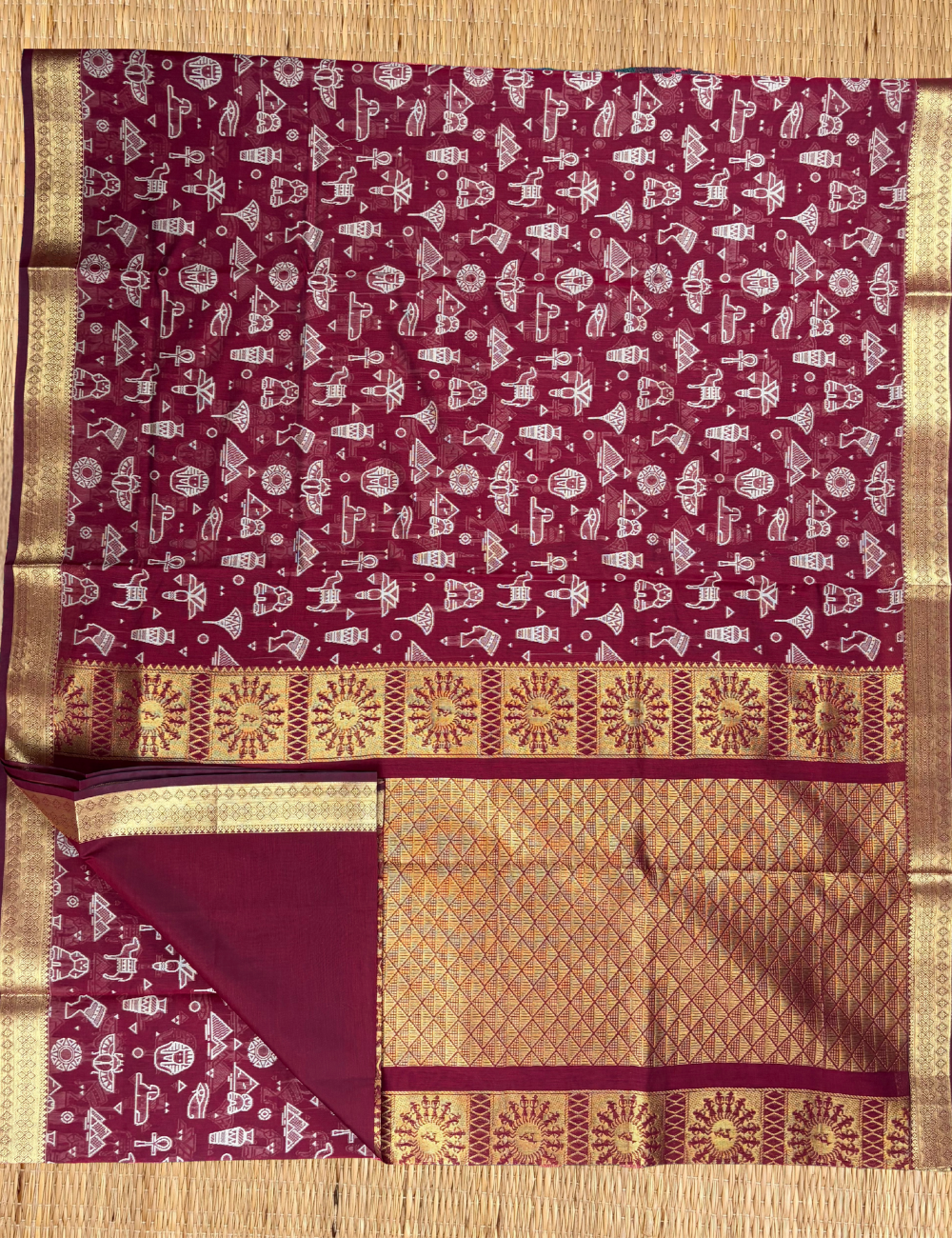 Red Tribal Heritage Aranya Cotton Saree with Gold Zari Border