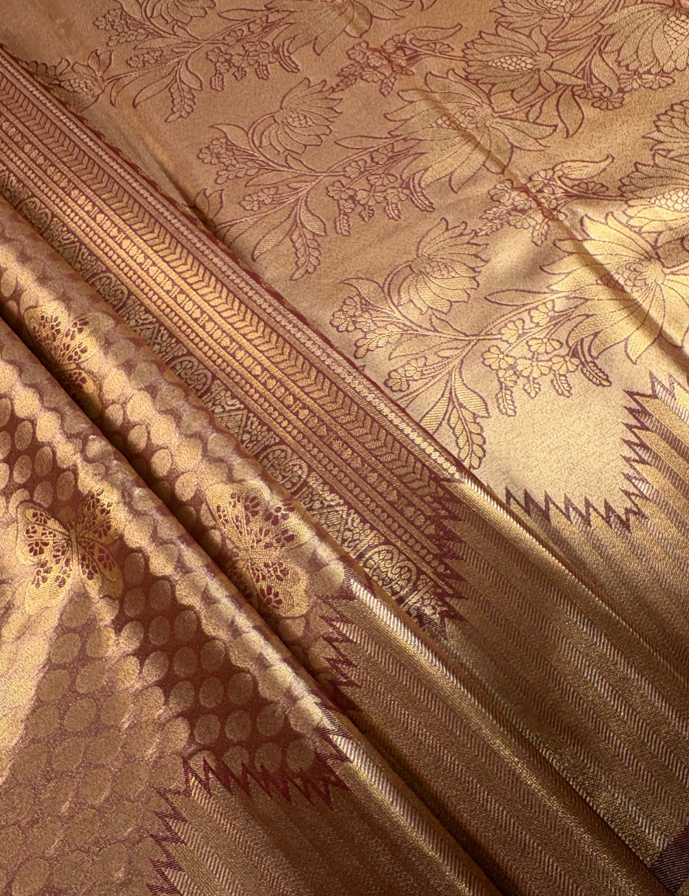 Cocoa Brown Tissue Semi Silk Saree with Heavy Zari Pallu & Polka Weave