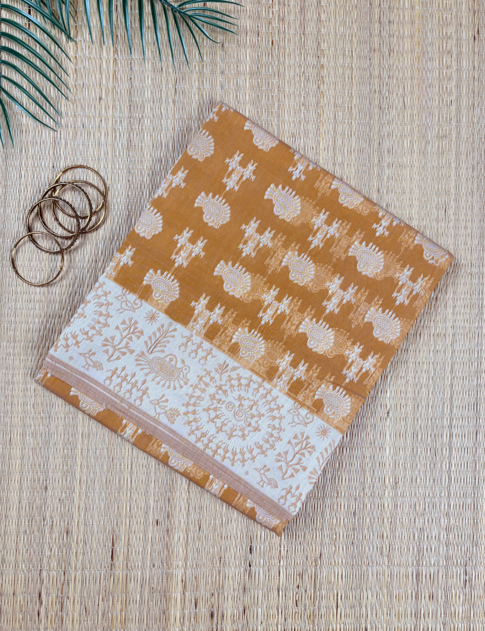 Golden Butterscotch Aranya Cotton Saree with Ivory Floral Border
