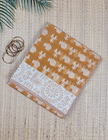 Golden Butterscotch Aranya Cotton Saree with Ivory Floral Border