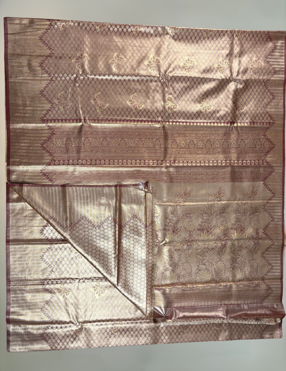 Cocoa Brown Tissue Semi Silk Saree with Heavy Zari Pallu & Polka Weave