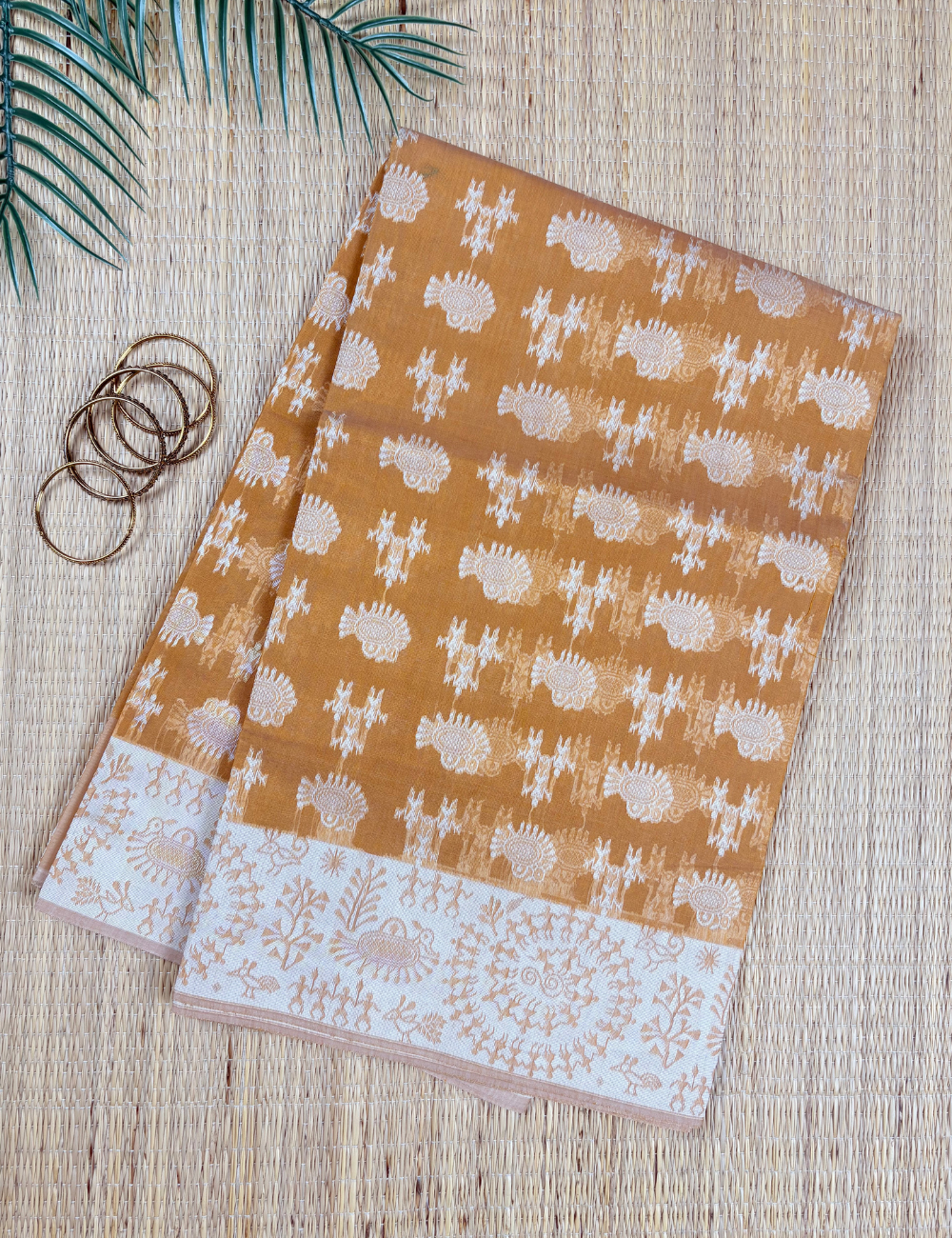 Golden Butterscotch Aranya Cotton Saree with Ivory Floral Border