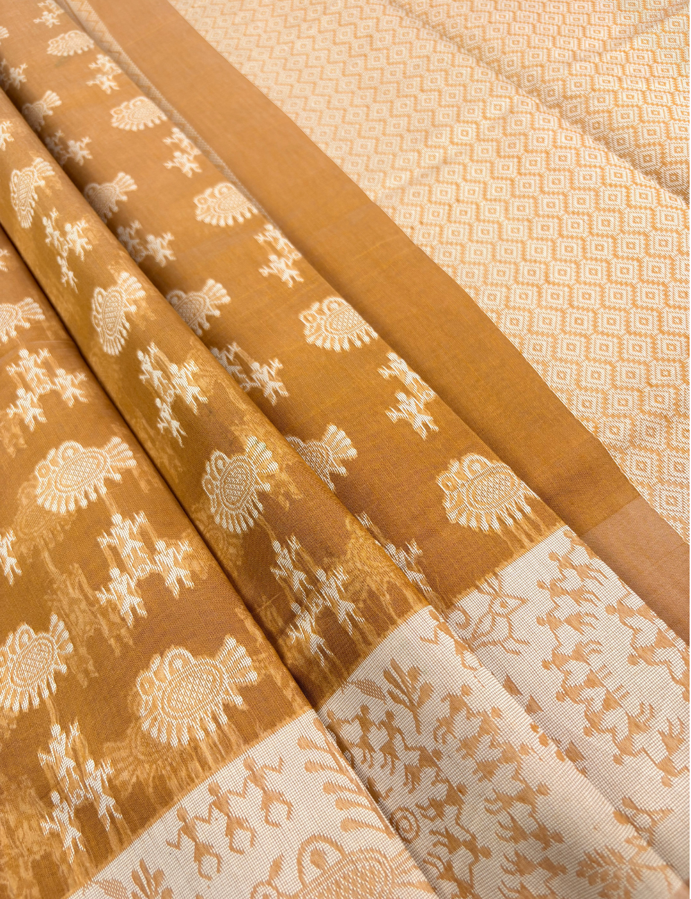 Golden Butterscotch Aranya Cotton Saree with Ivory Floral Border