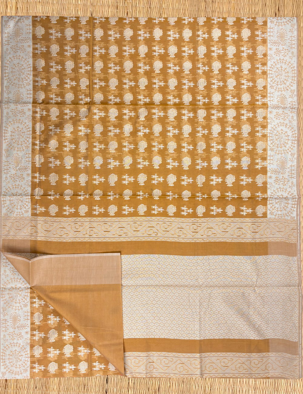 Golden Butterscotch Aranya Cotton Saree with Ivory Floral Border
