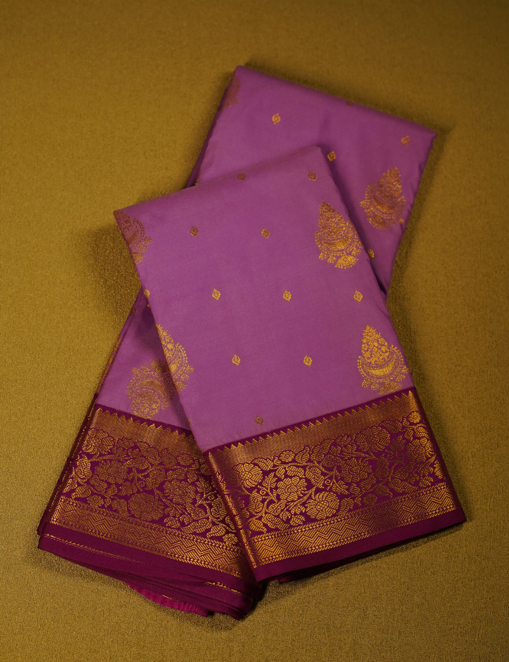 Royal Orchid Purple Soft  Kanchipuram Semi Silk Saree with Gold Zari Floral Border