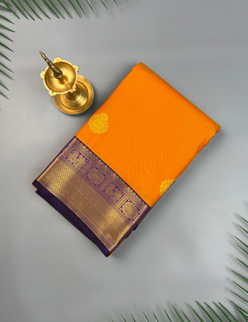 Mustard Yellow Soft Semi Silk Kanjivaram Saree with Royal Violet Korvai Zari Border
