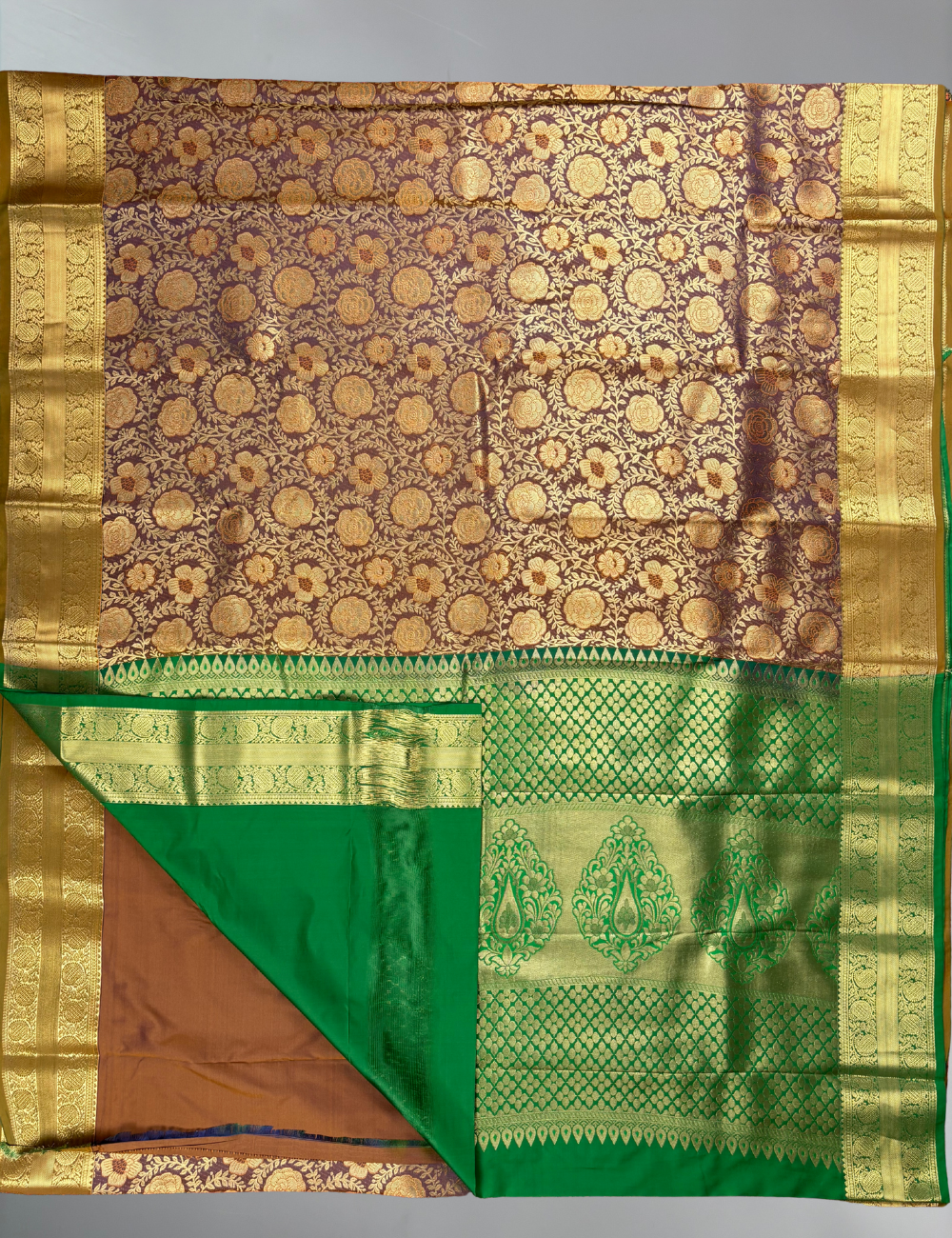 Enchanting Burgundy Floral Brocade Semi Silk Saree with Antique Gold Zari Mustard Border