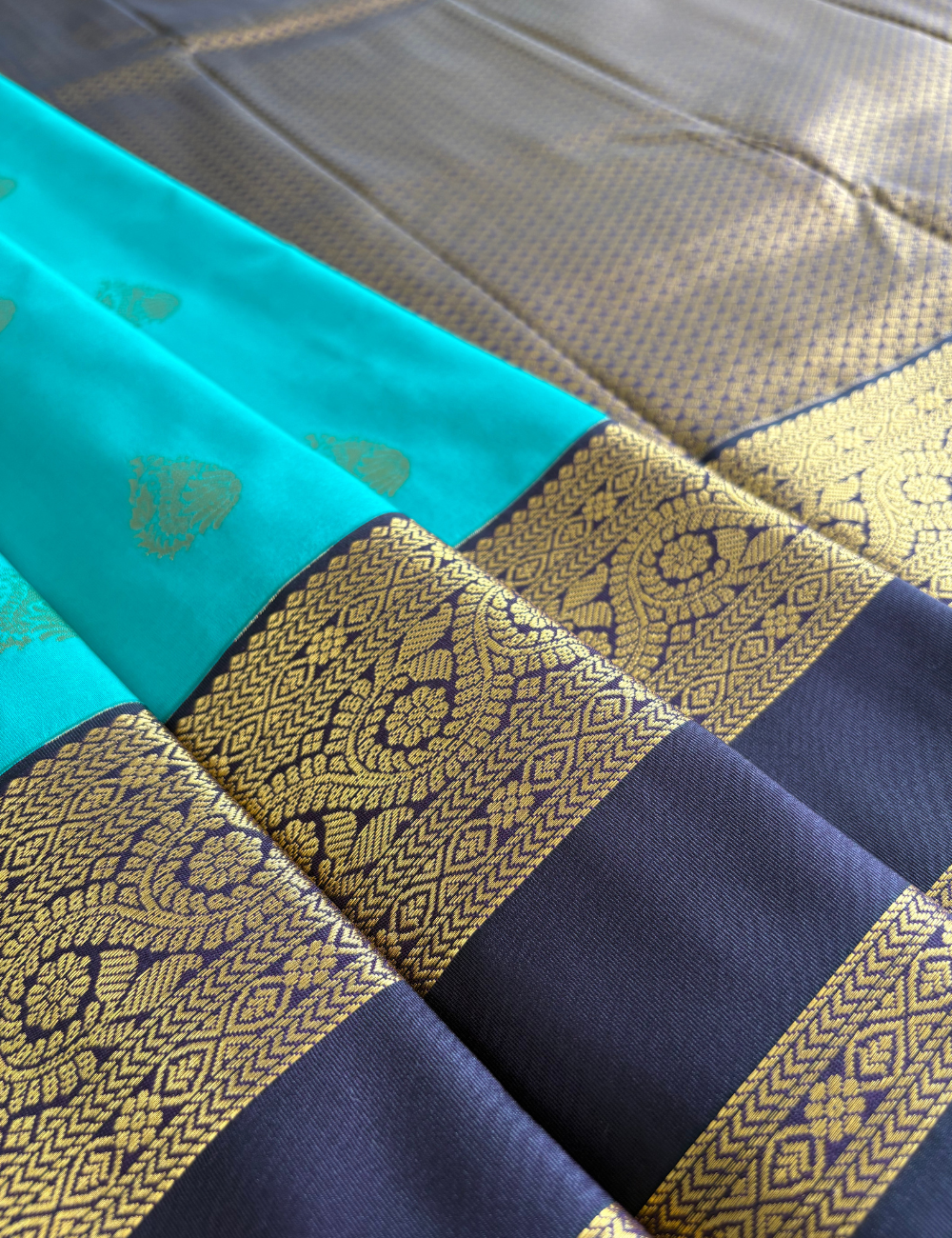 Rama Green Dark Purple Semi Silk Saree with Rich Golden Zari Border
