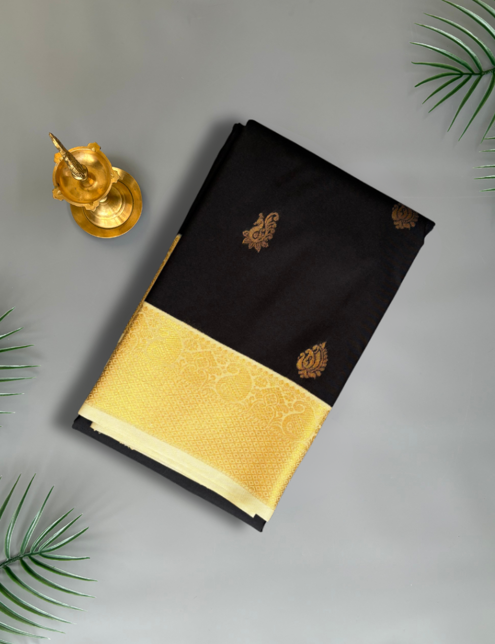 Black Soft Semi Silk Kanjivaram Saree with Half white Zari Border