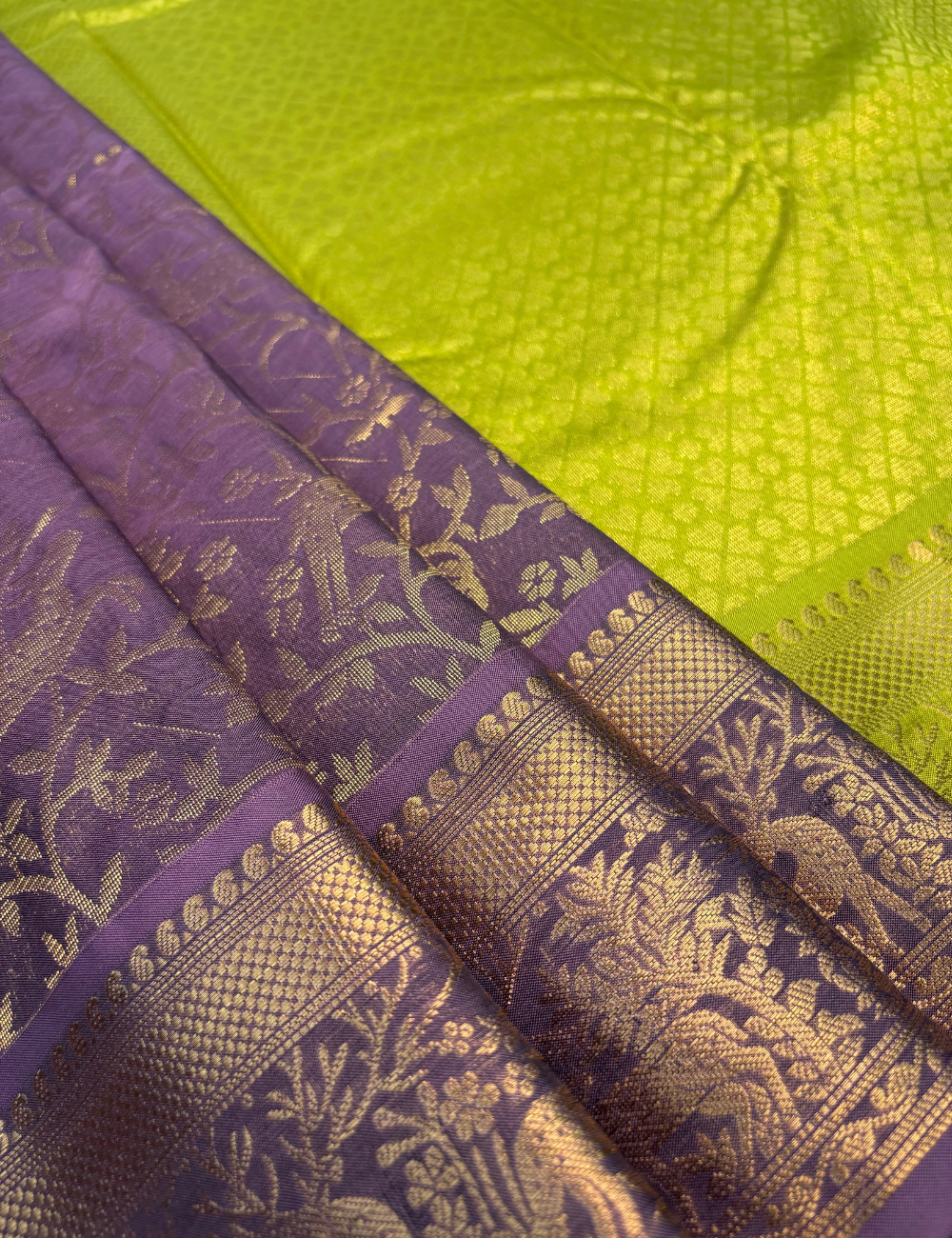 Royal Lavender Pure Kanchi Silk Cotton Saree with Antique Gold Zari Floral Motifs