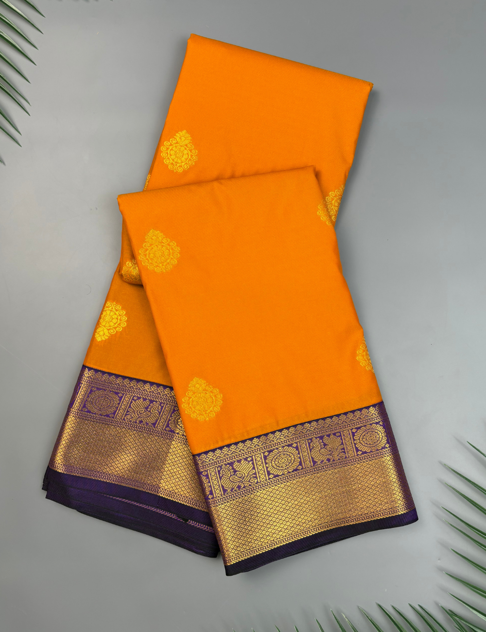 Mustard Yellow Soft Semi Silk Kanjivaram Saree with Royal Violet Korvai Zari Border