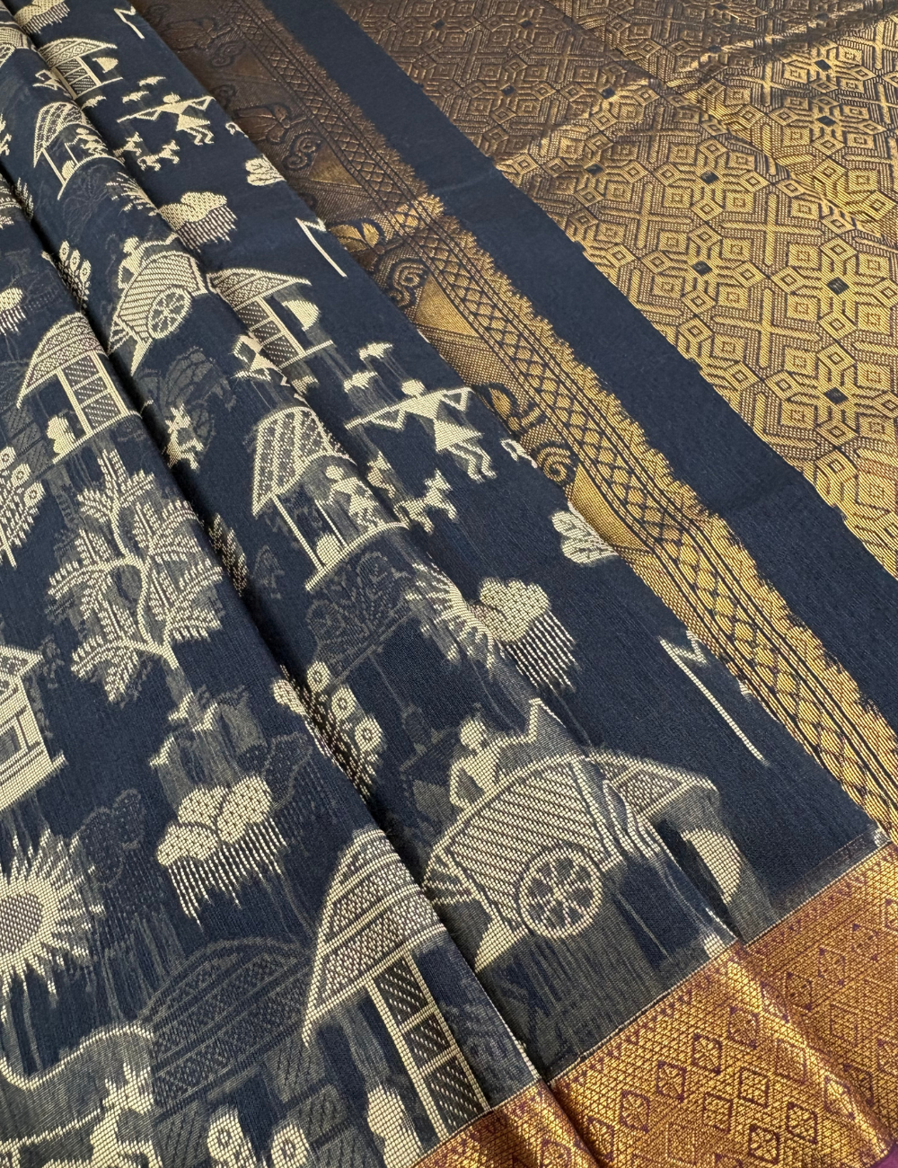 Dark Navy Aranya Heritage Cotton Saree