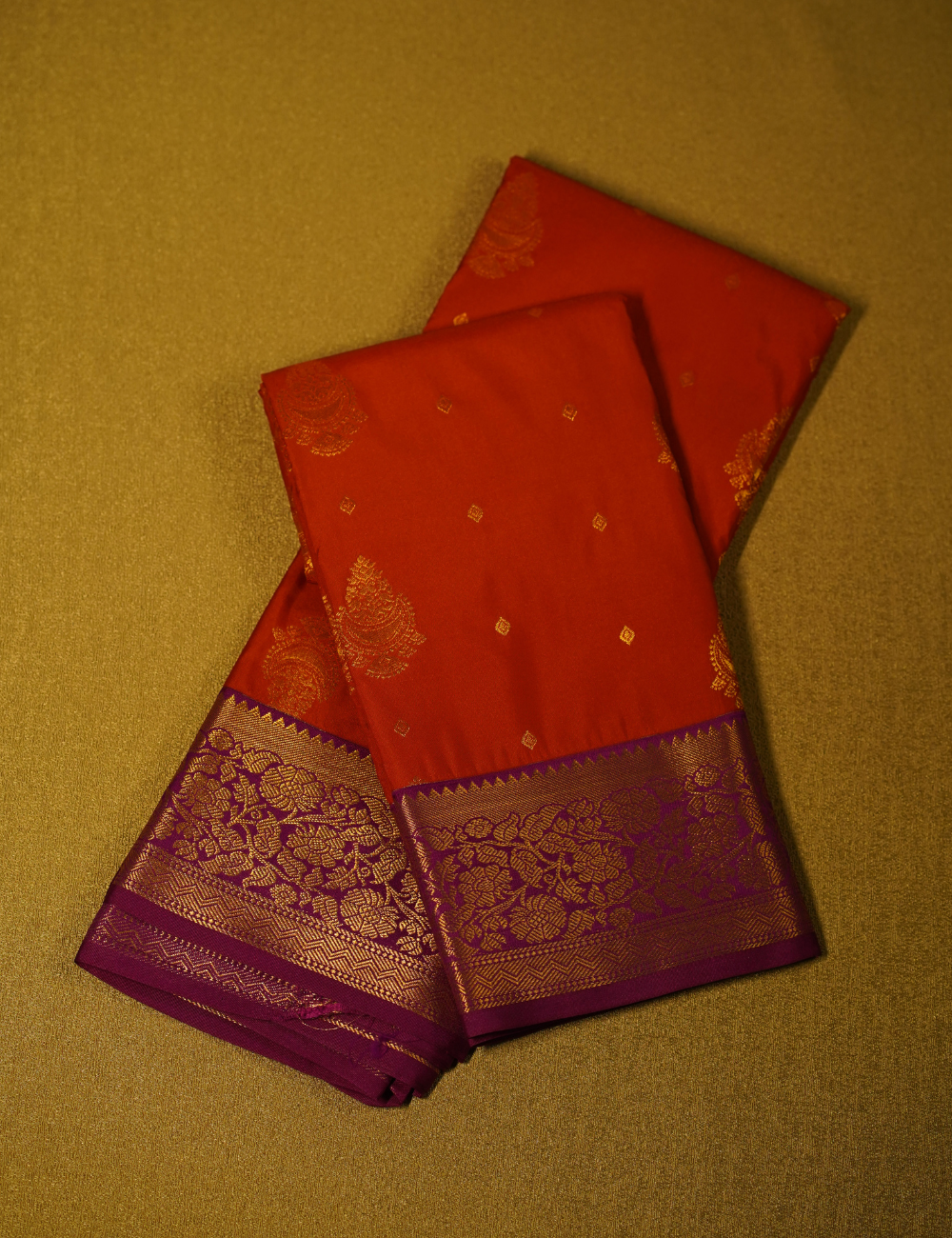Vermilion Red Soft Kanchipuram Semi Silk Saree with Royal Purple Gold Zari Floral Border