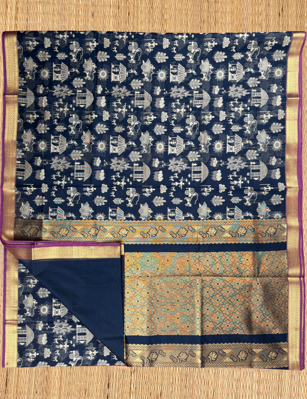 Dark Navy Aranya Heritage Cotton Saree