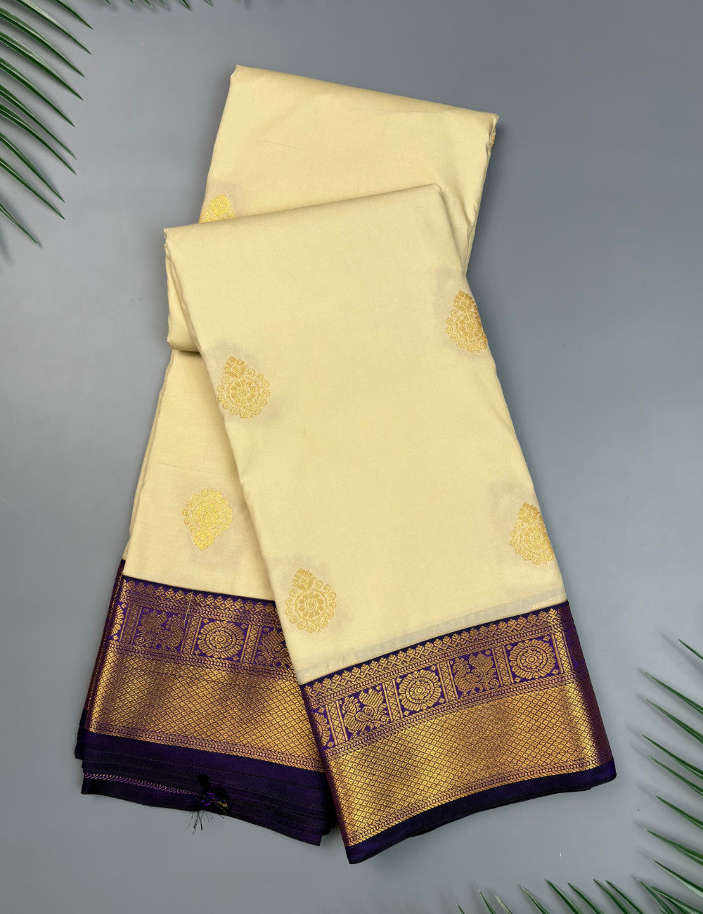 Cream Soft Semi Silk Kanjivaram Saree with Royal Violet Korvai Zari Border