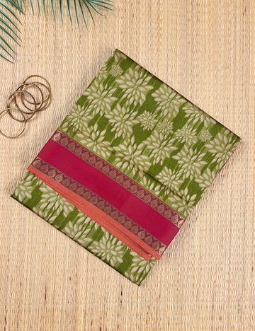 Olive Bloom Aranya Cotton Saree with Rani Red Border