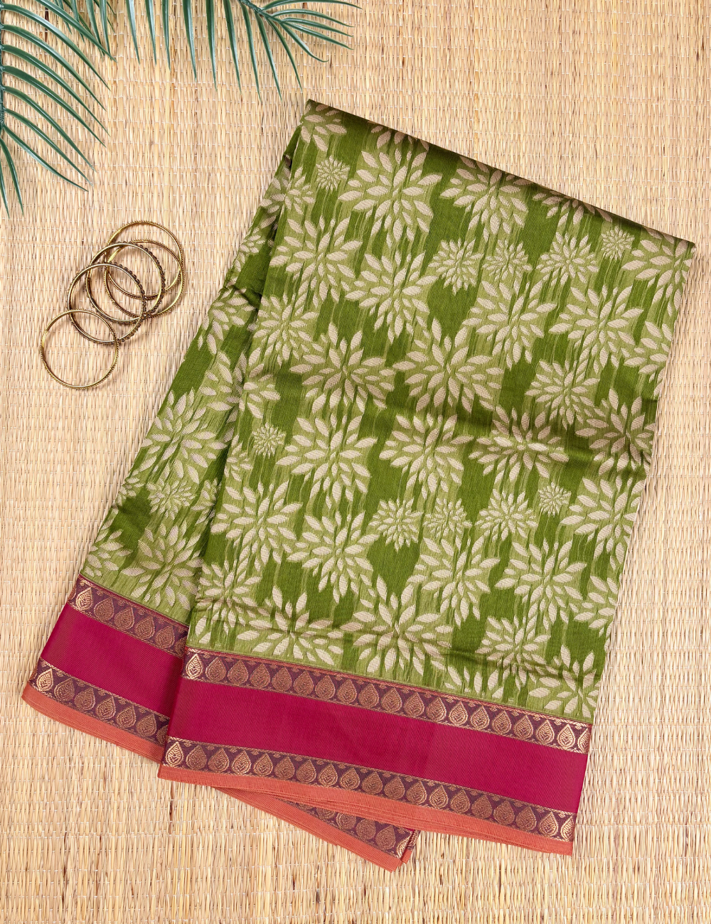Olive Bloom Aranya Cotton Saree with Rani Red Border