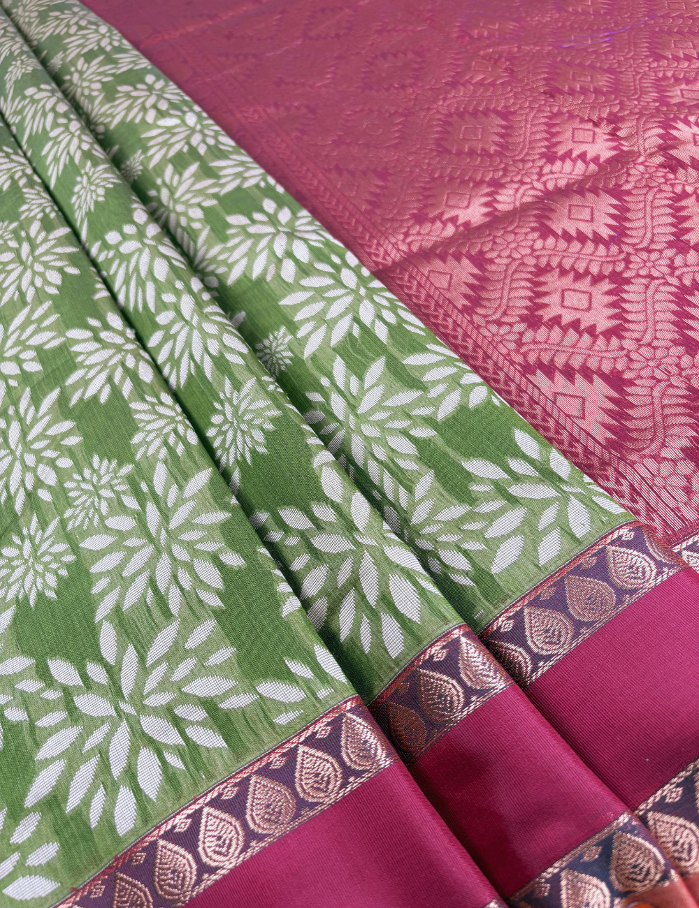 Olive Bloom Aranya Cotton Saree with Rani Red Border