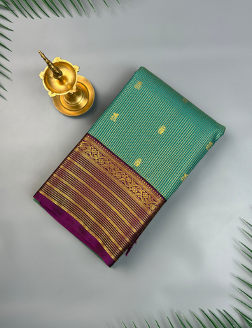 Jade Green Checked Semi Silk Saree with Contrast Purple Zari Border & Gold Motifs