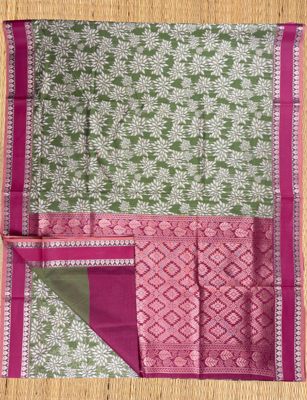 Olive Bloom Aranya Cotton Saree with Rani Red Border