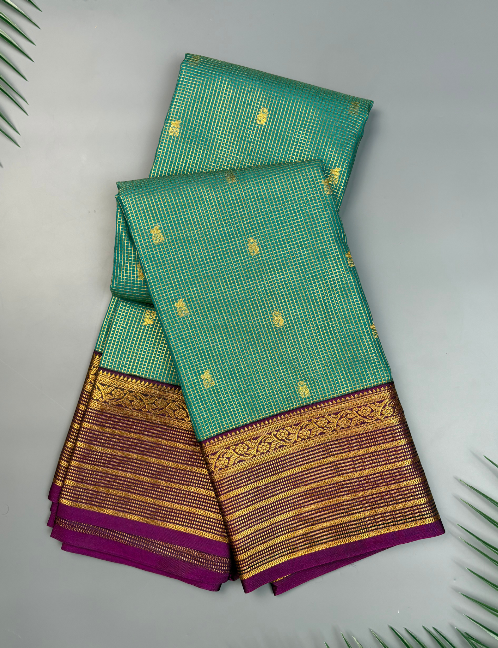 Jade Green Checked Semi Silk Saree with Contrast Purple Zari Border & Gold Motifs