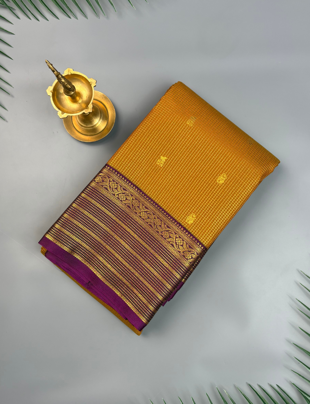 Mustard Brown Soft Semi Silk Kanjivaram Saree with Magenta Korvai Border