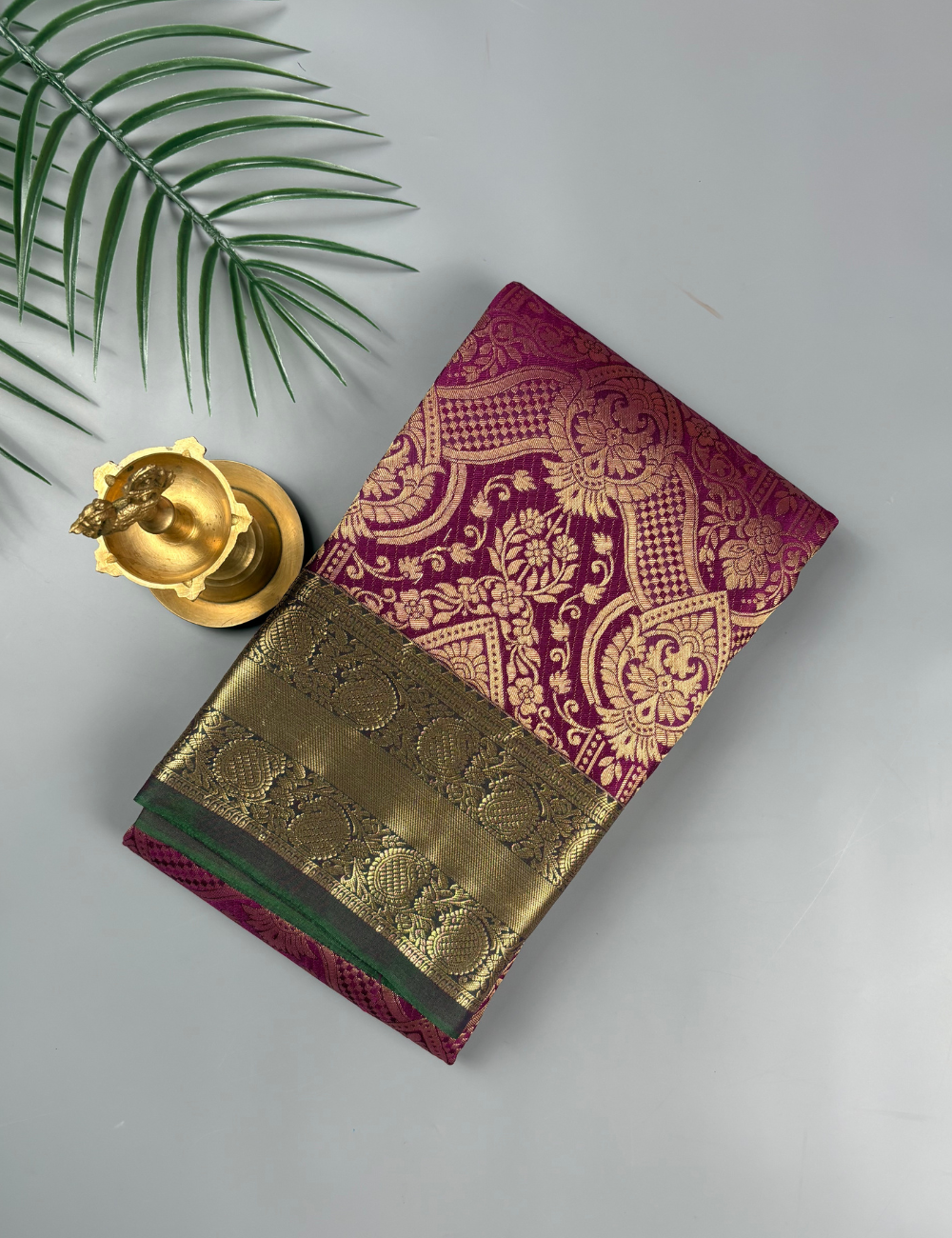 Dark Pink Brocade Lightweight Soft Semi Silk Saree with Antique Gold Zari Green Floral Border