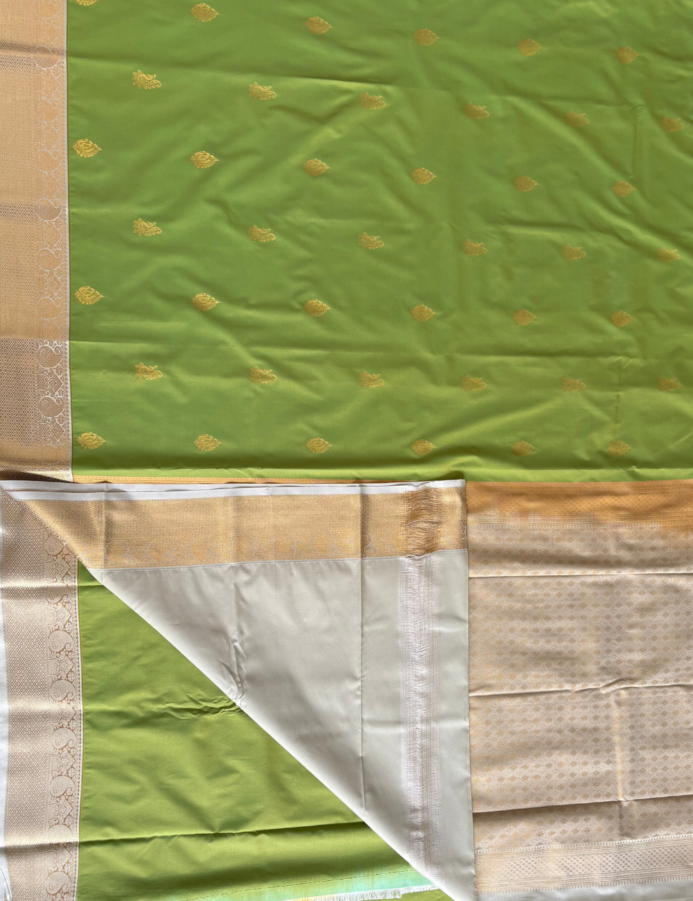 Parrot Green Soft Semi Silk Kanjivaram Saree with Ivory Zari Border