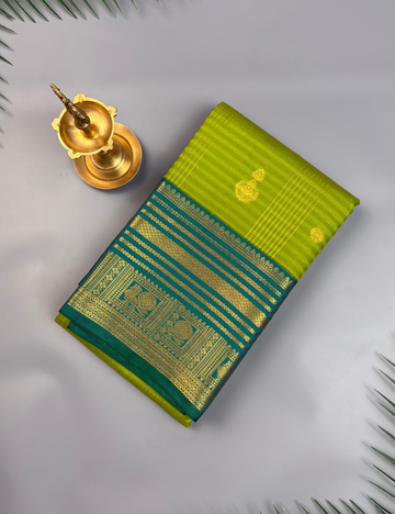 Light Green Soft Semi Silk Kanjivaram Saree with Peacock green Zari Border
