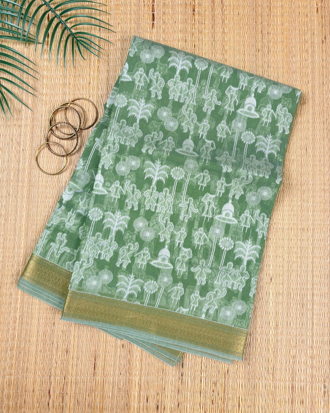 Sage Green Tribal Folk Woven Aranya Cotton Saree