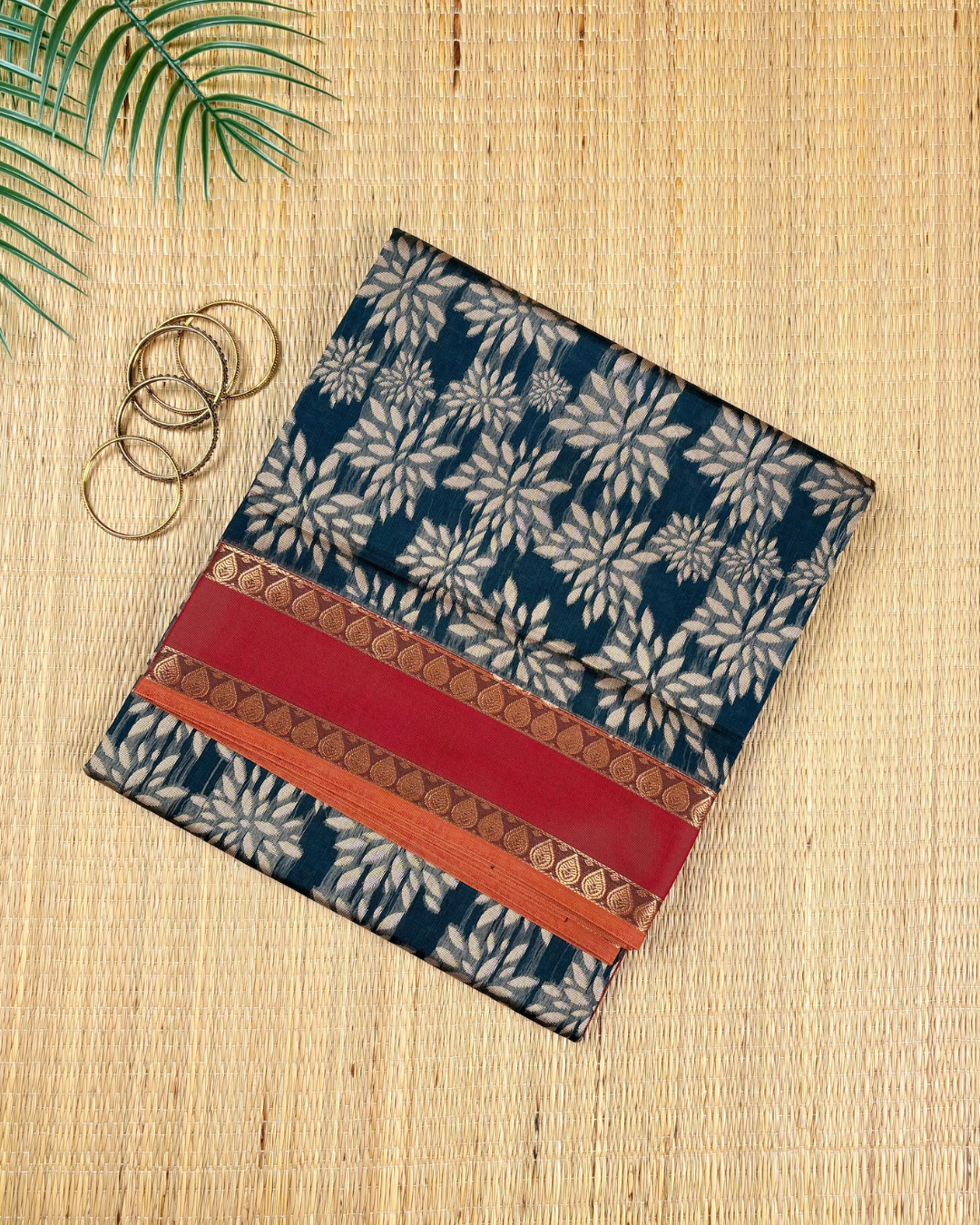 Navy Blue Floral Woven Aranya Cotton Saree