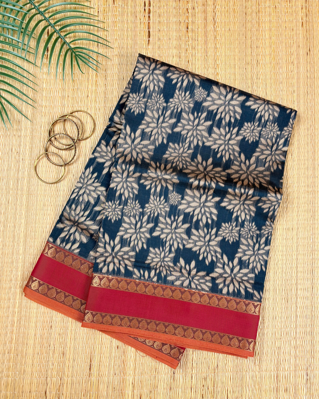 Navy Blue Floral Woven Aranya Cotton Saree
