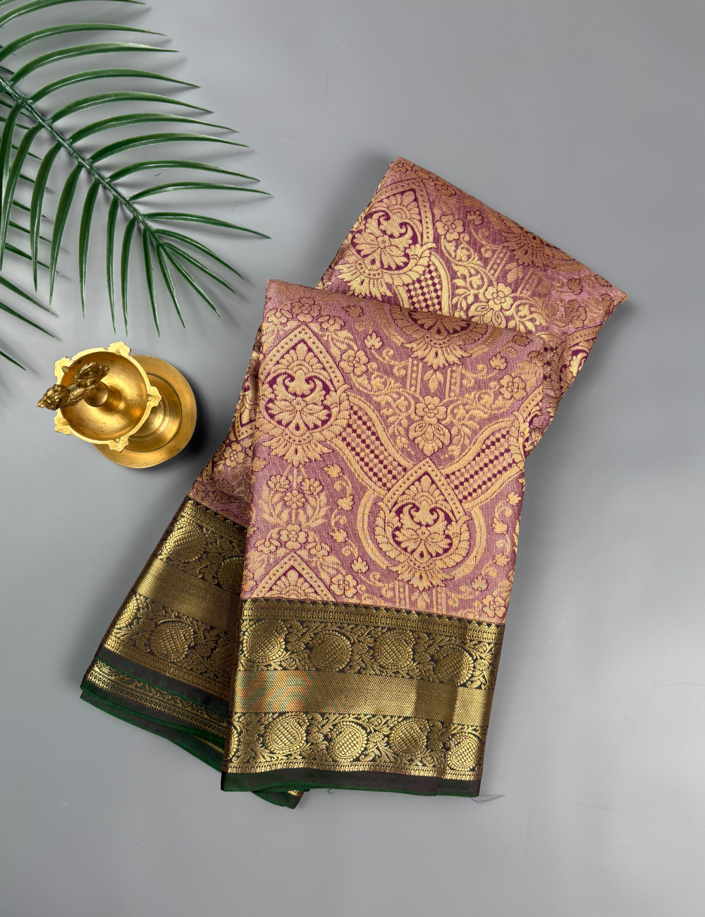 Dusty Lilac Brocade Lightweight Soft Semi Silk Saree with Antique Gold Zari Floral Border