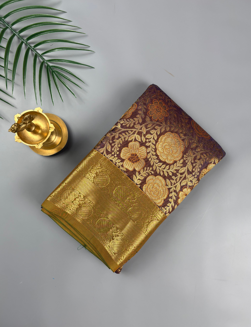 Enchanting Burgundy Floral Brocade Semi Silk Saree with Antique Gold Zari Mustard Border