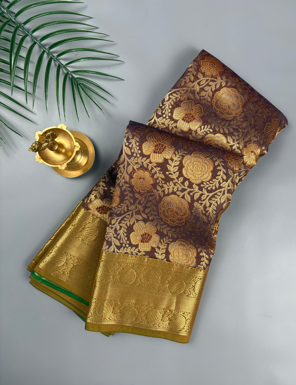 Enchanting Burgundy Floral Brocade Semi Silk Saree with Antique Gold Zari Mustard Border