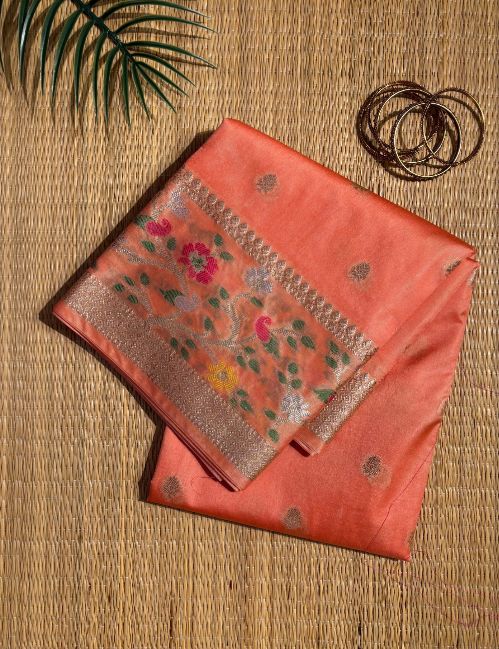 Orange Vriksha Mashru Silk Saree with Self Meenakari Border