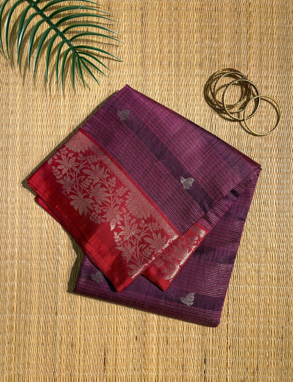 Wine Purple Maheshwari Kota Cotton Saree with floral red border