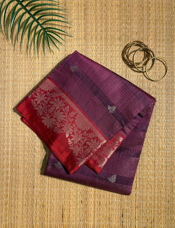 Wine Purple Maheshwari Kota Cotton Saree with floral red border