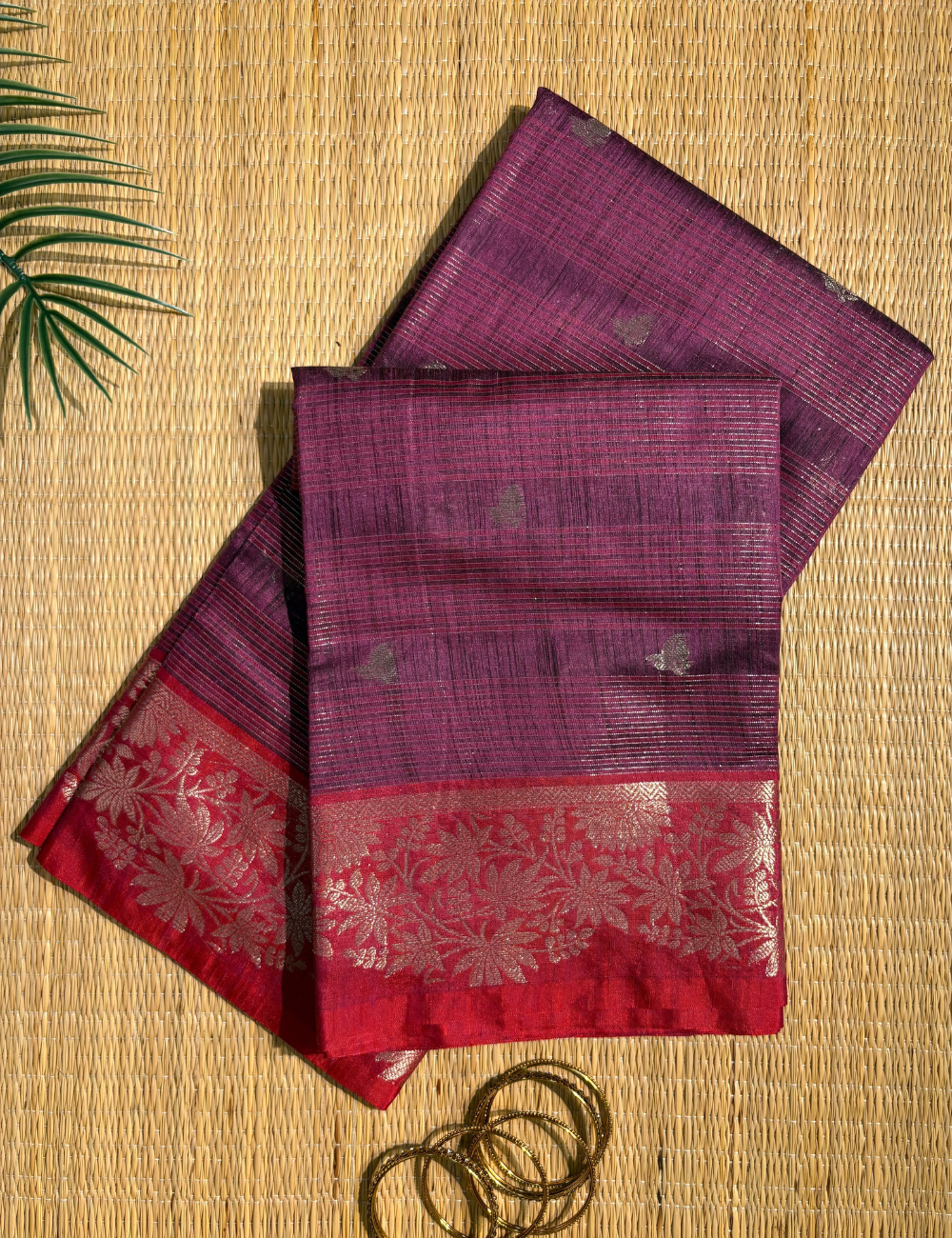 Wine Purple Maheshwari Kota Cotton Saree with floral red border