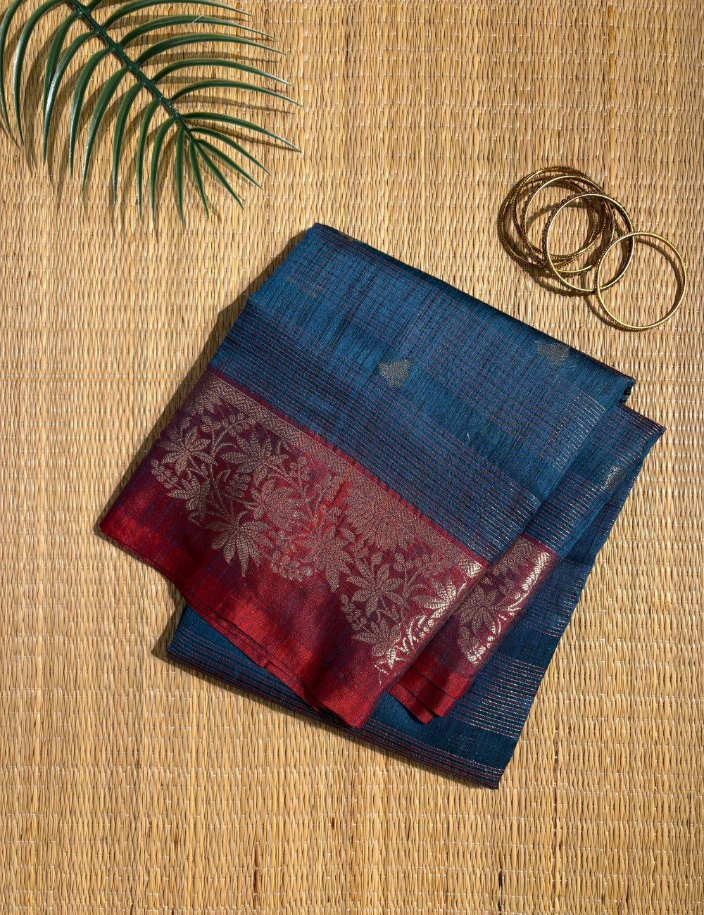 Ink Blue Maheshwari Kota Cotton Saree with floral red border