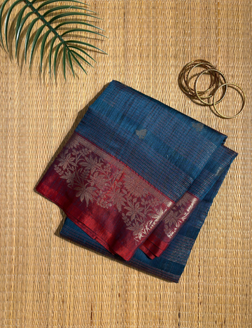 Ink Blue Maheshwari Kota Cotton Saree with floral red border