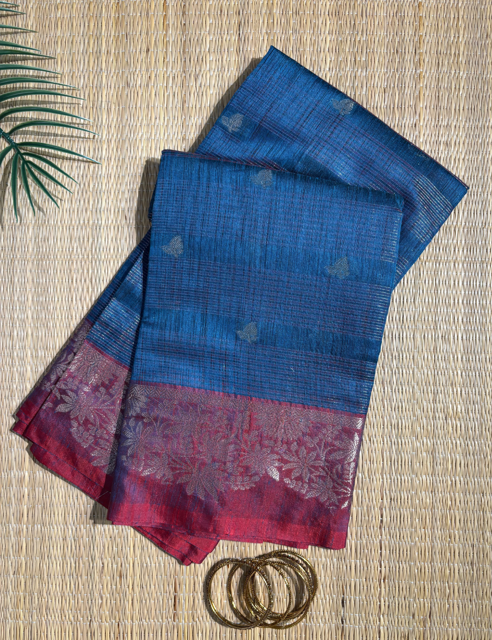 Ink Blue Maheshwari Kota Cotton Saree with floral red border