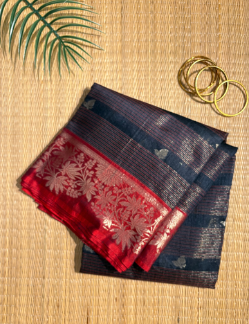 Deep Navy Maheshwari Kota Cotton Saree with floral red border