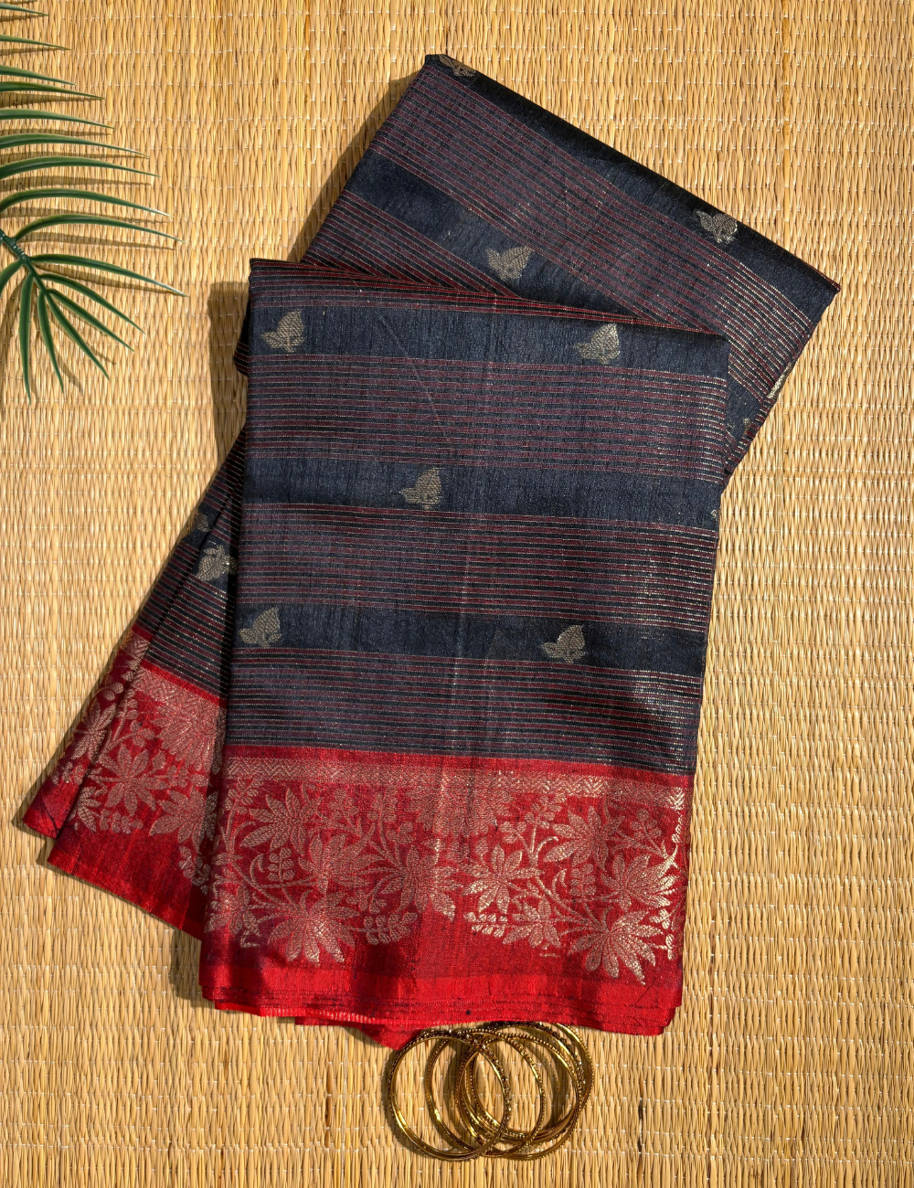 Deep Navy Maheshwari Kota Cotton Saree with floral red border