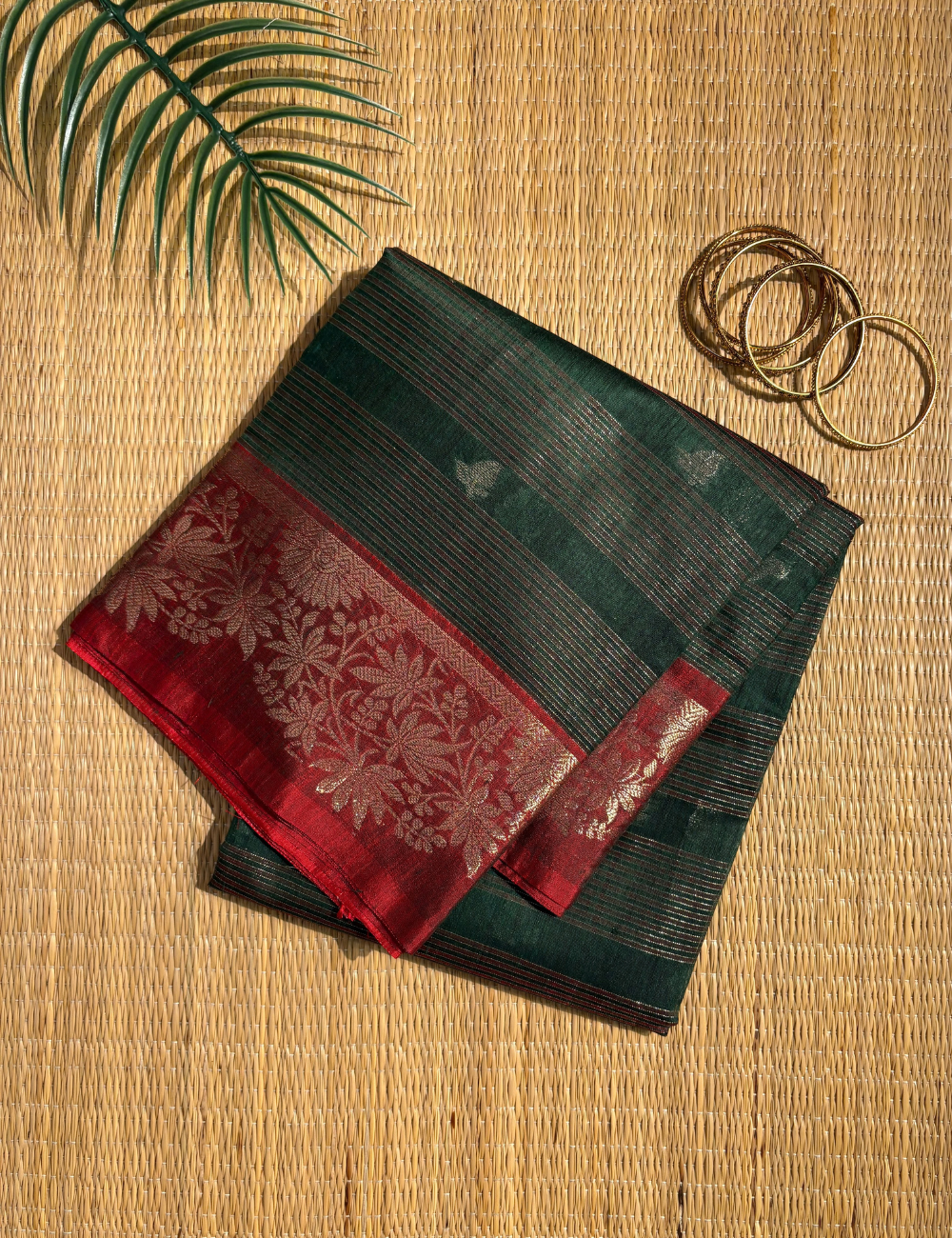 Deep Green Maheshwari Kota Cotton Saree with floral red border